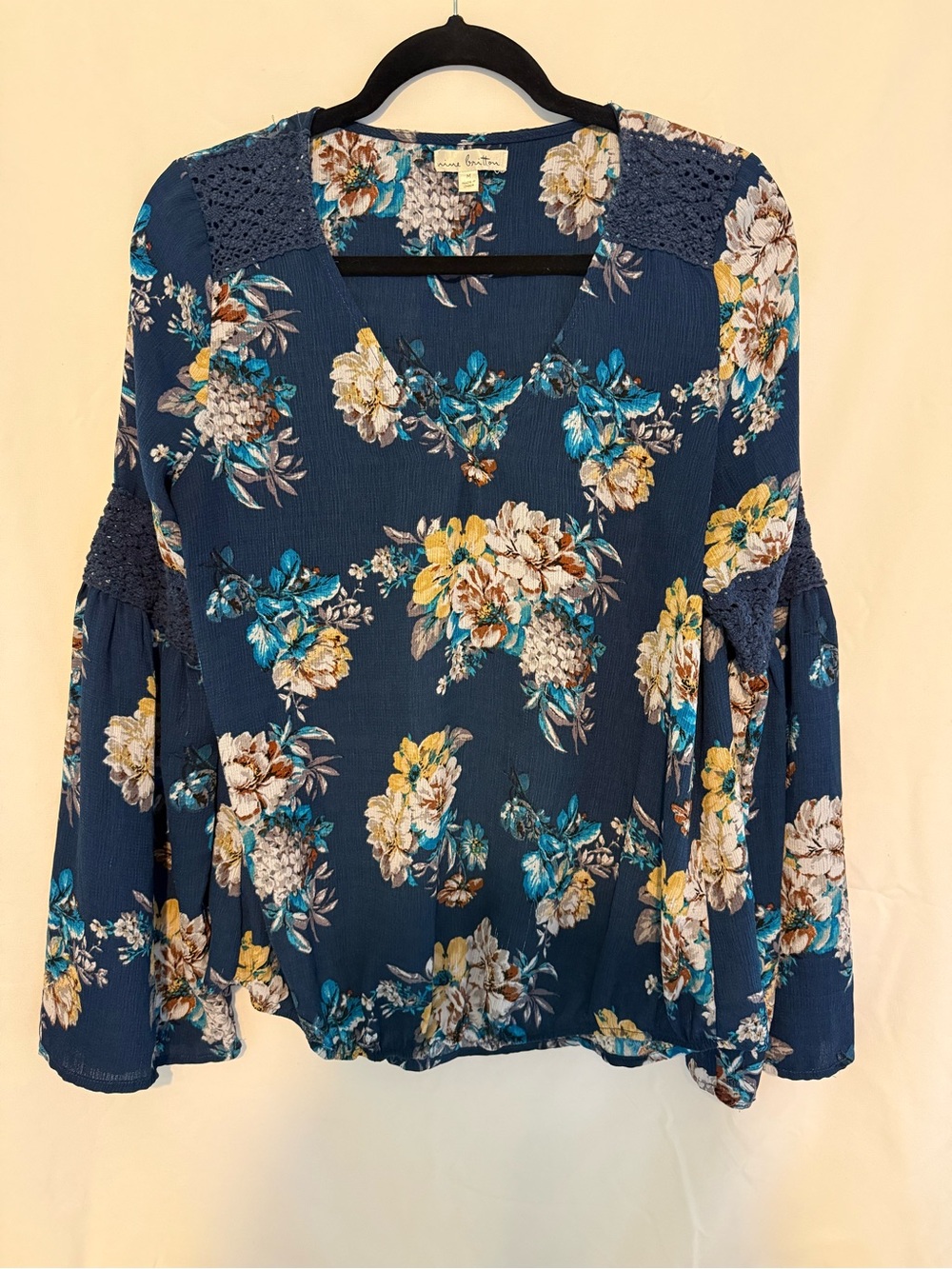 nine britton Navy Blue Floral V-Neck Crochet-Shoulder Blouse